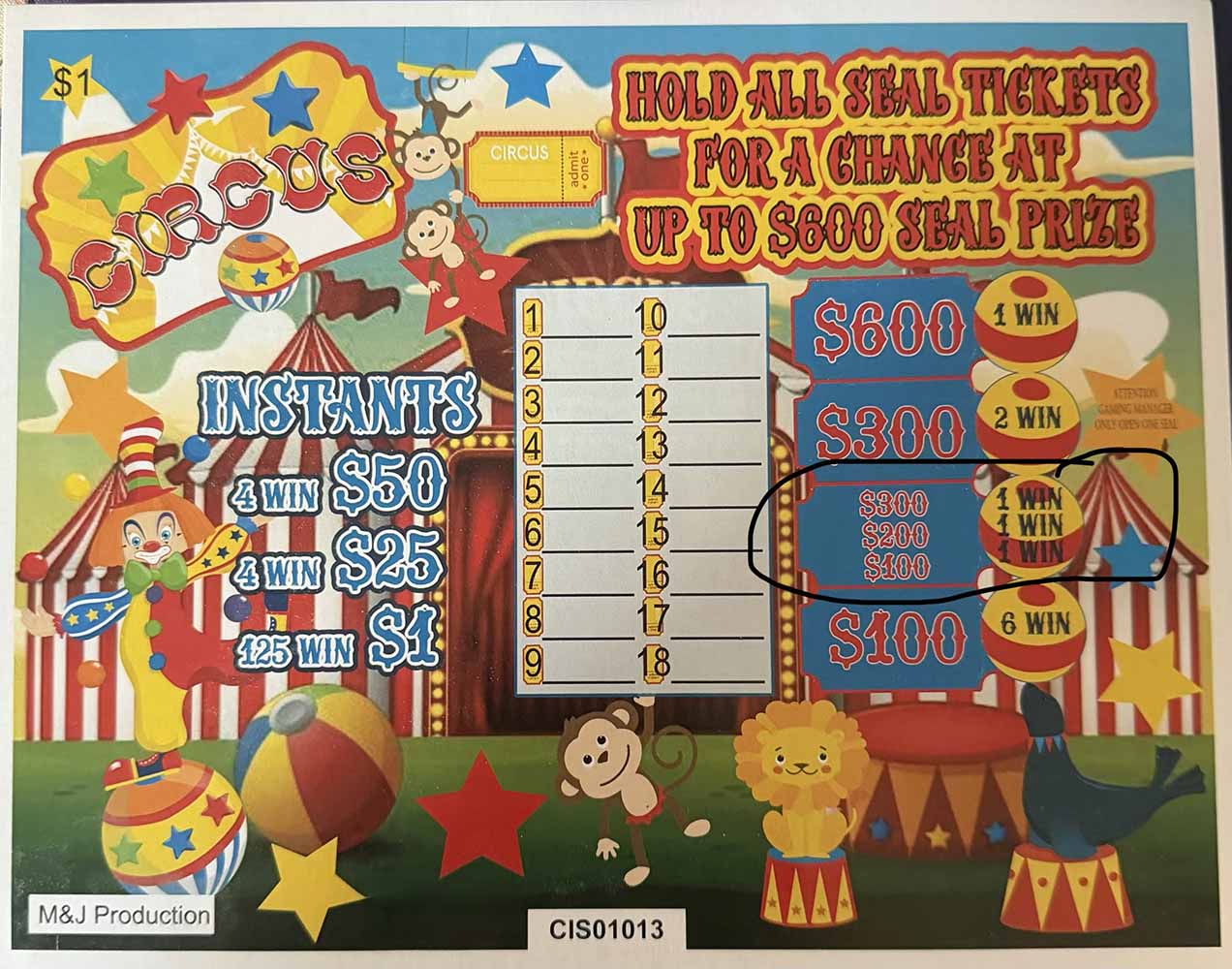 Circus Pull Tabs Game Board